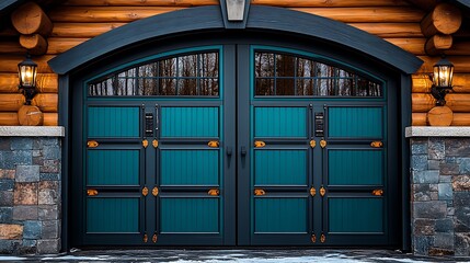 Teal garage doors with decorative hardware on a log cabin.