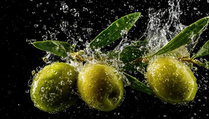 Three green olives on a branch, submerged in water, splashing dramatically against a black background.  Water droplets surround the fruit and leaves