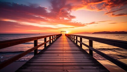 Obraz premium Wooden pier extending to vibrant sunset over calm ocean