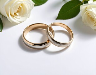 Wedding rings and white roses on white background