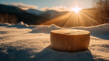 Golden hour sunlight illuminates a rustic wooden log in a snowy mountain landscape