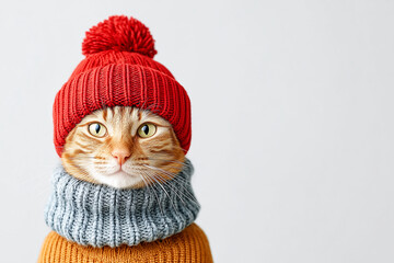 A ginger cat wearing a warm knitted hat and scarf on a light background. Fashion and style. Clothes for pets. Cold weather.