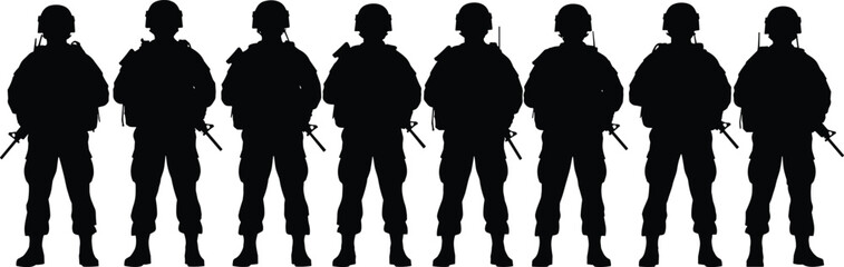 Silhouette of armed soldiers standing in line, military uniform, army force, defense team, tactical gear, war preparation