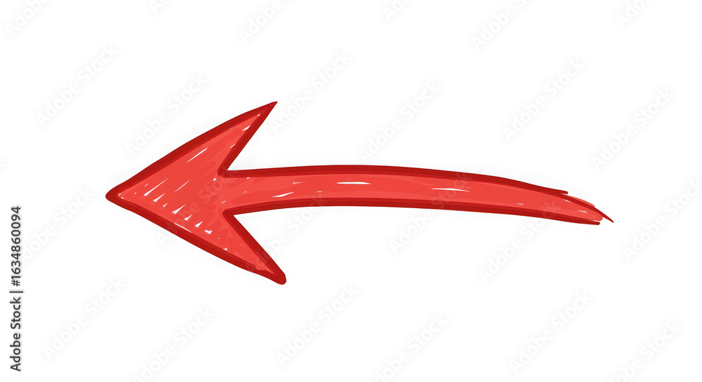 Poster red arrow pointing left hand drawn isolated on a transparent background direction