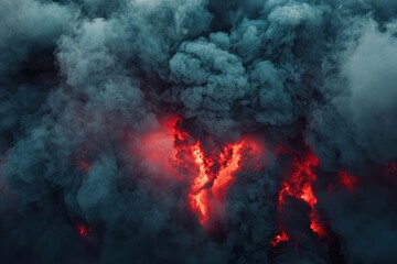 Gray smoke with red lighting enveloping the surface creates a dramatic atmosphere, gray smoke with red lighting creeps over the surface view from above