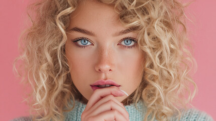 Fototapeta premium Close up portrait of a beautiful woman with curly blonde hair and blue eyes on a pink background