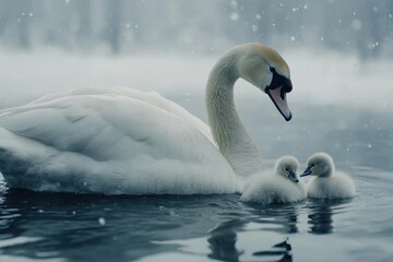Fototapeta premium White mother swan gracefully swimming with her fluffy chicks in tranquil waters during winter, White mother swan swimming with little chicks Mute swan Cygnus olor Slow motion