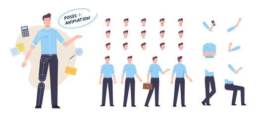businessman character for animation. Creation set with various views, face emotions, poses and gestures.