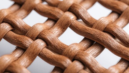 Close-up of a tightly woven, light brown, textured, lattice-like material with visible fibers and a slightly glossy surface.  The weave is even and the strands are thick