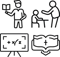 A collection of four simple line art icons depicting teaching, learning, and educational concepts like books and math.