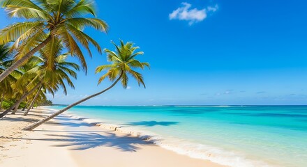 Tropical beach paradise with palm trees, turquoise water, and white sand, evoking a serene travel destination
