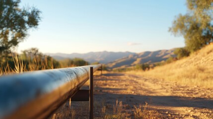 Warm toned landscape with metal rail and rolling hills