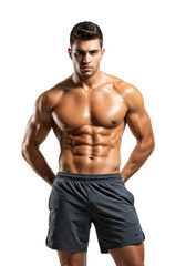 Fototapeta premium Young caucasian male bodybuilder displaying muscular physique in athletic shorts. Cut out PNG