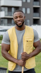 A maintenance worker stands confidently, holding tools in a beautifully landscaped area with greenery and modern architecture around