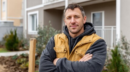 A maintenance worker stands confidently, holding tools in a beautifully landscaped area with greenery and modern architecture around