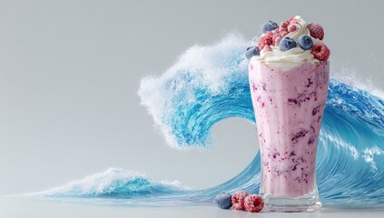 Pink berry smoothie in tall glass, topped with whipped cream and fresh berries, beside a stylized crashing blue wave on a light gray background
