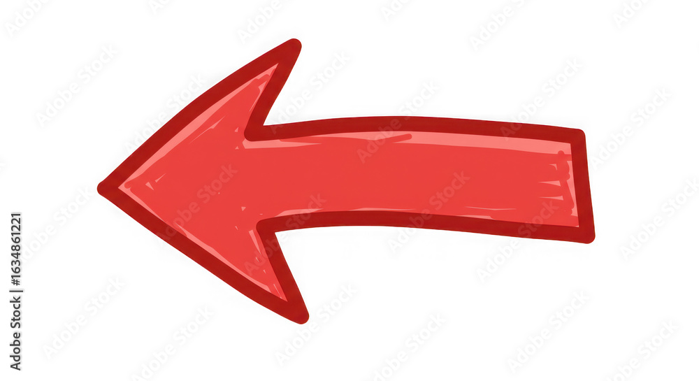 Poster red arrow pointing left hand drawn style isolated on a transparent background direction