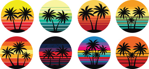 Palm tree silhouette, tropical sunset background, retro summer illustration, vintage beach design, circular palm art, colorful tropical vector graphics