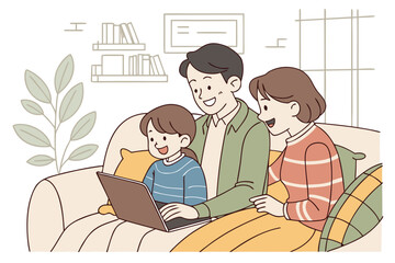 Illustration of a happy family of four sitting on a couch in a cozy living room&mdash;togetherness, parenting, bonding, family lifestyle, and home comfort.