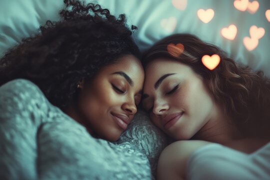 Diverse female couple peacefully sleeping with floating hearts above them in a cozy bedroom setting, hearts floating over diverse female couple sleeping