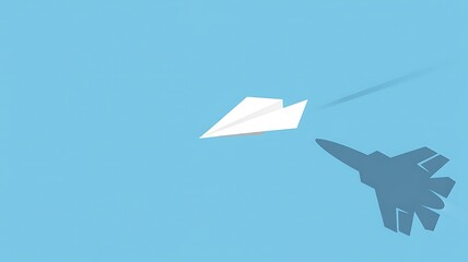 White paper airplane casting shadow of jet fighter flight