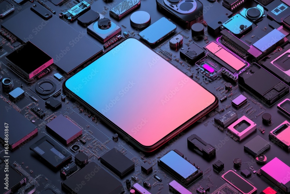 Poster Impressive assembly of telephone components showcasing advanced technology and design elements in modern electronics, impressive assembly of telephone components into a modern top-end phone with a
