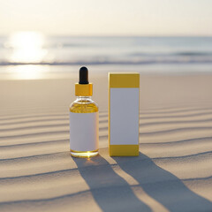 Amber Serum Bottle and Packaging Resting on Coastal Sand