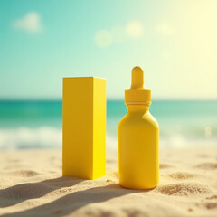 Golden Dropper Bottle with Box on Sunlit Beach Sand