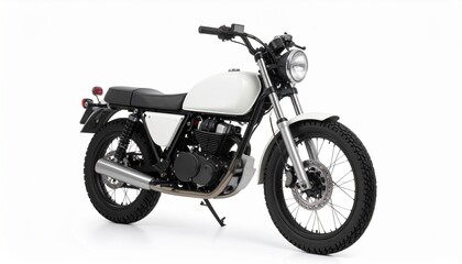 Minimalist black motorcycle with rugged tires and exposed metallic exhaust pipes.