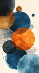 Abstract watercolor painting featuring overlapping circles in shades of blue, orange, and brown, on a light beige background, with subtle watercolor texture and splatters