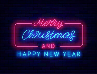 Obraz premium Merry Christmas and Happy New Year neon flyer. Season greetings. Minimal design. Vector stock illustration