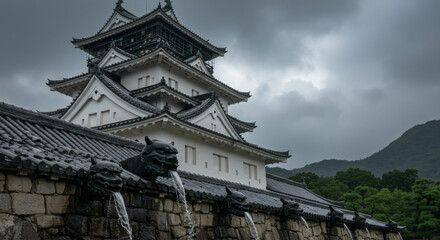 Japanese castle tower with demon-faced (oni) water spouts carved from black granite, water streaming from their open mouths during monsoon season