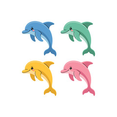 Fototapeta premium Four cartoon dolphins in blue green yellow and pink colors animal ocean