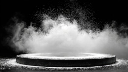 A dark, circular platform dusted with white powder, enveloped by ethereal white smoke and dust particles against a stark black background, creating a dramatic, moody scene