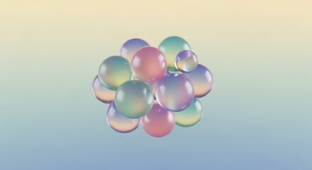 Abstract Spheres: A cluster of iridescent spheres in varying sizes floats against a serene gradient background, showcasing a modern, clean design that evokes a sense of calm and wonder.