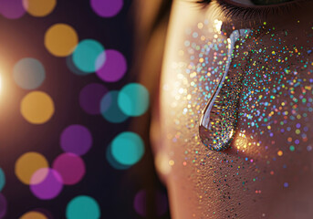 Shimmering glitter makeup cheek with crystal-clear teardrop, cinematic rainbow bokeh lights, emotional beauty macro portrait, luxe night glam close-up for fashion and cosmetics campaigns