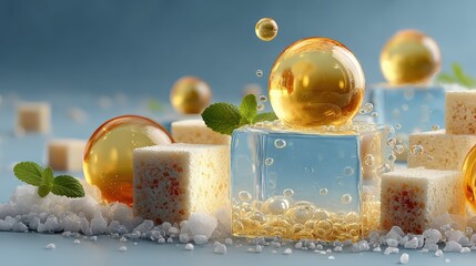 Small fish-oil droplet spheres and cereal block prisms create a pure composition