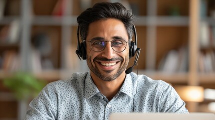 hispanic indian smiling businessman wearing glasses and headset having virtual team meeting call talking remotely working at home watching online learning training webinar in remote office no logos n