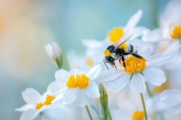 Obraz premium Bumblebee collecting nectar from white flowers in a vibrant garden setting, Bumblebee on white flowers Urine piss on flowers