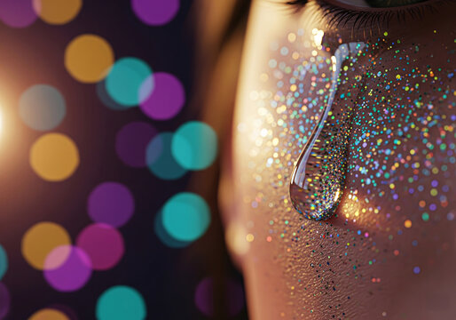 Shimmering glitter makeup cheek with crystal-clear teardrop, cinematic rainbow bokeh lights, emotional beauty macro portrait, luxe night glam close-up for fashion and cosmetics campaigns