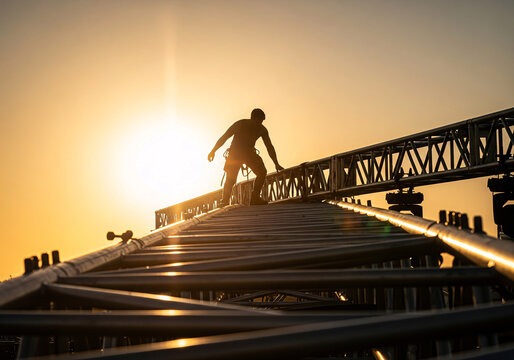 Stage rigger balancing on aluminum truss at golden-hour sunset, dramatic industrial silhouette with safety harness, live event construction and concert production infrastructure action moment