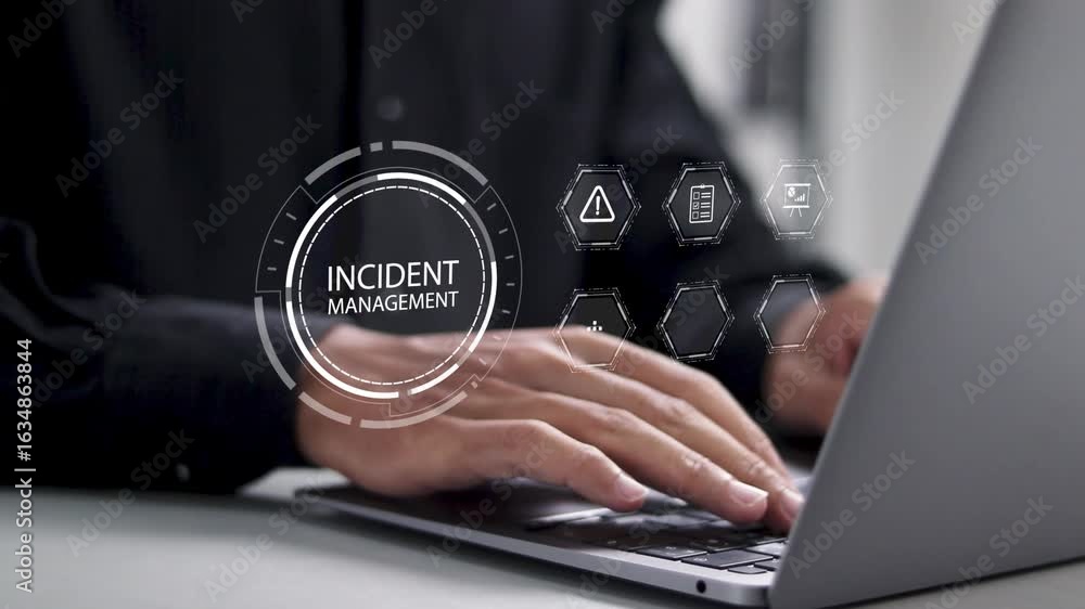 Aufkleber incident management process business technology concept. businessman using laptop with incident mana