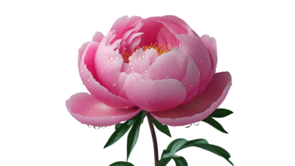 Single peony with dew isolated on white background