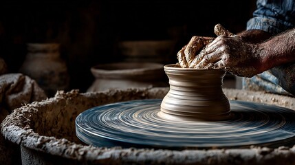 Artisan shaping clay on a spinning wheel in a traditional pottery workshop