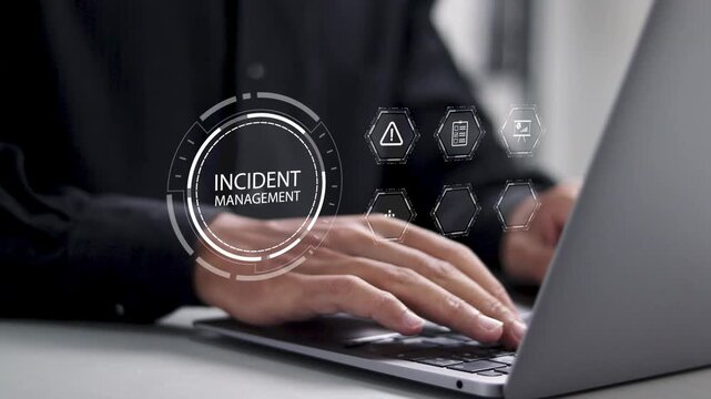Incident management process business technology concept. Businessman using laptop with incident management icon for diagnosing and resolving unexpected problems that occur.