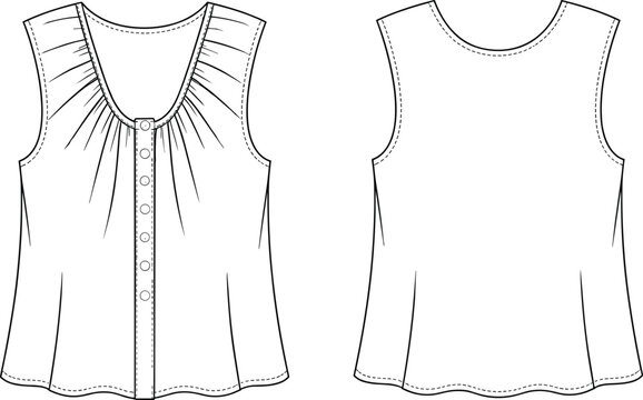 Sleeveless blouse technical drawing, front and back view, button-down design, pleated neckline, fashion sketch, garment template, sewing layout, minimalist clothing illustration, apparel design.