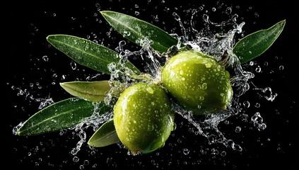 Two glistening green olives, adorned with water droplets and vibrant olive leaves, are dynamically captured amidst a splash of water against a stark black background