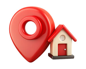 Glossy red location pin beside cream and red house isolated on a transparent background image