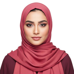Elegant portrait of a beautiful young woman wearing a pink hijab and looking directly at the camera. Isolated on a Transparent Background PNG.