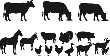 Farm animal silhouettes, livestock vector, domestic animals icons, rural animals clipart, black farm animals, barnyard animals silhouette collection, editable